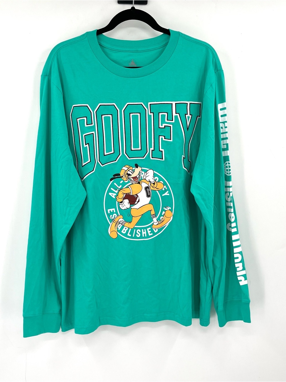 DISNEY Goofy Men Long Sleeve Shirt Cotton Walt Disney World Green Spirit Jersey